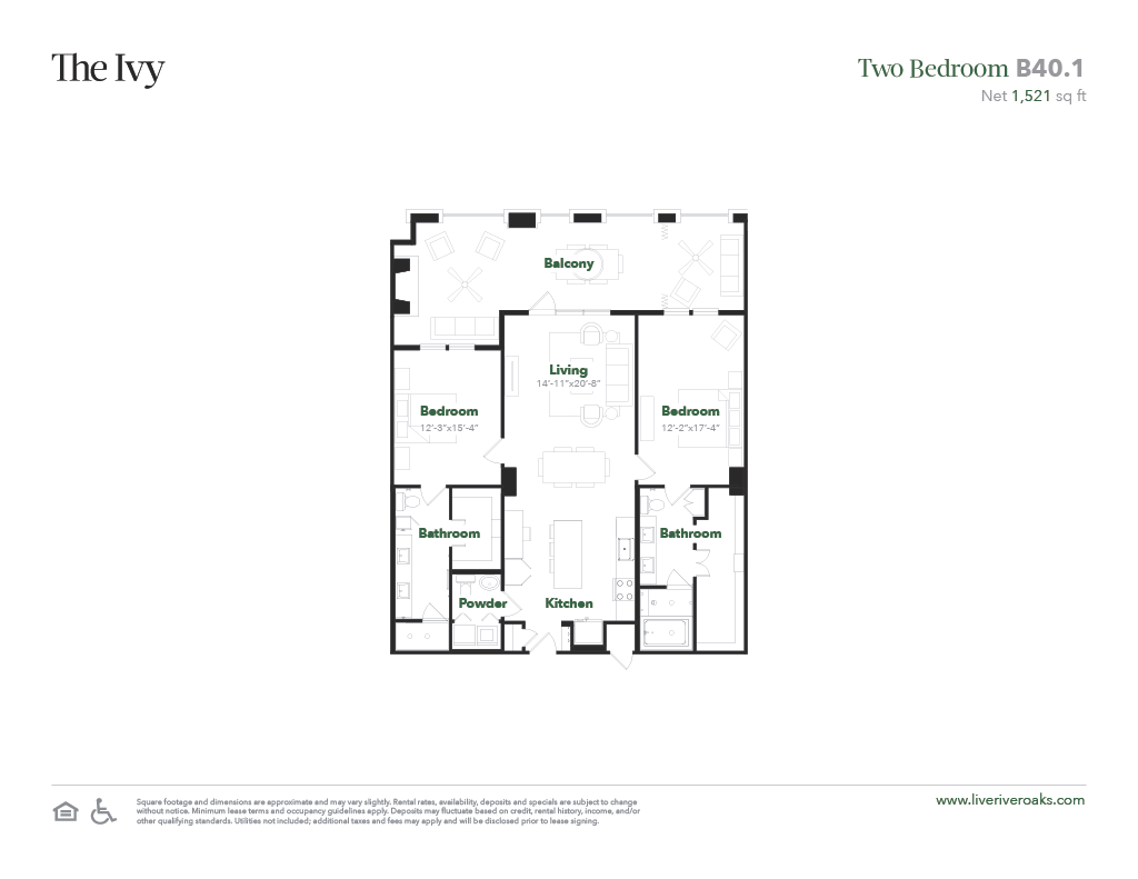 Floor plan for 2 beds, 2.5 baths, 1521 sqft